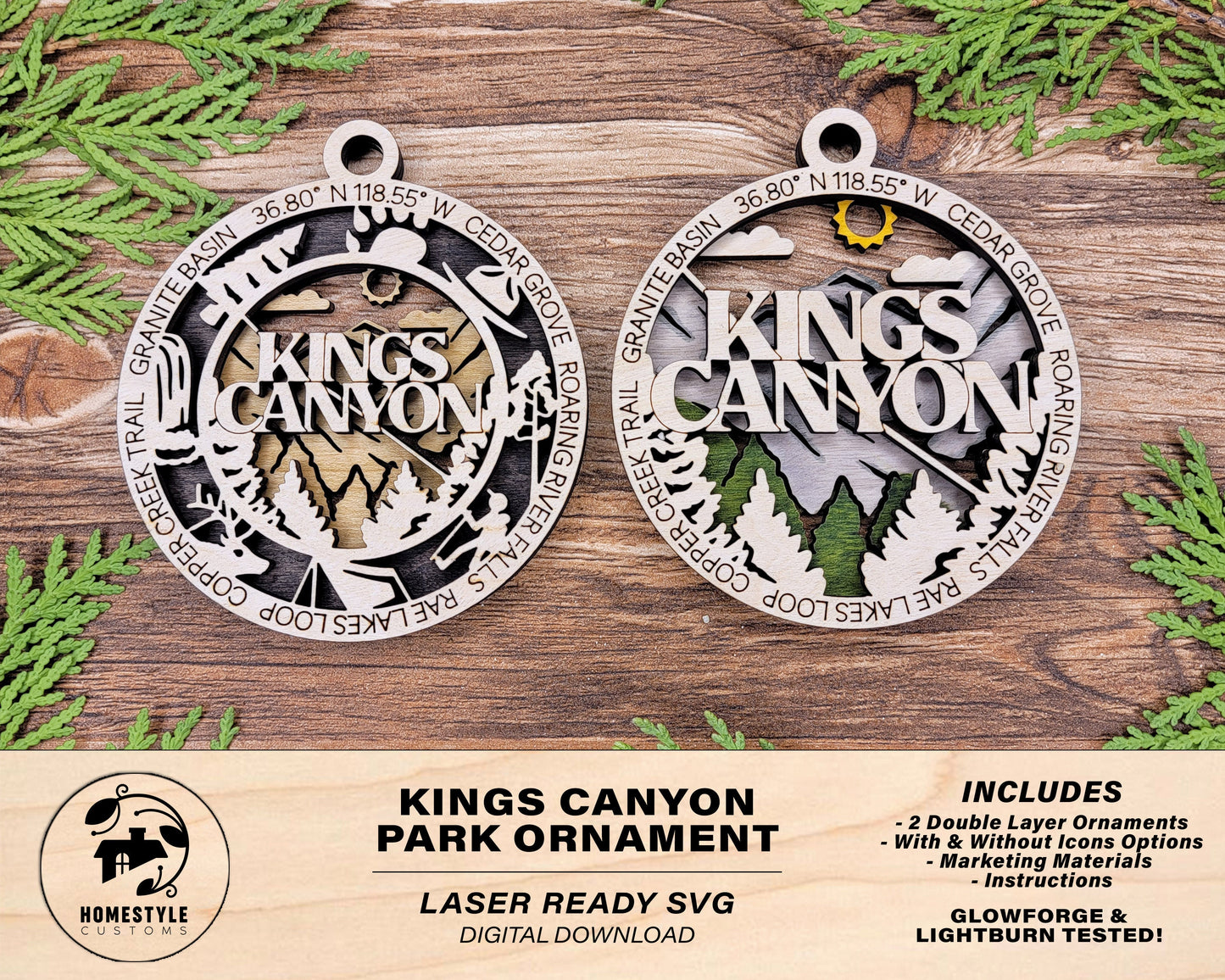 Kings Canyon Park Ornament - Includes 2 Ornaments - Laser Design SVG, PDF, AI File Download - Tested On Glowforge and LightBurn