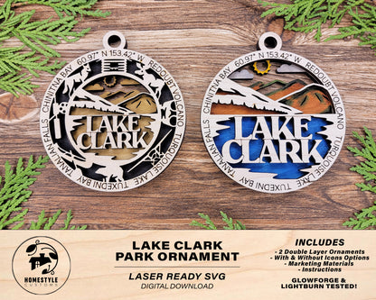 Lake Clark Park Ornament - Includes 2 Ornaments - Laser Design SVG, PDF, AI File Download - Tested On Glowforge and LightBurn
