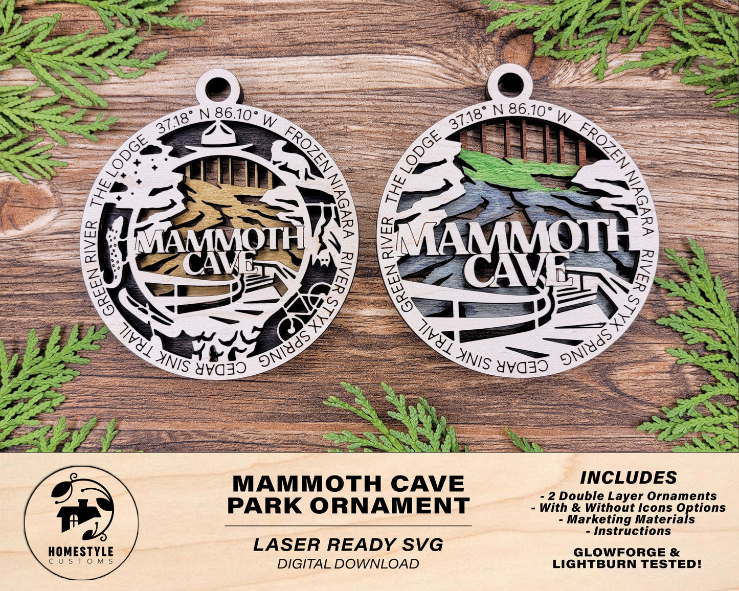Mammoth Cave Park Ornament - Includes 2 Ornaments - Laser Design SVG, PDF, AI File Download - Tested On Glowforge and LightBurn