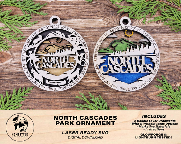 North Cascades Park Ornament - Includes 2 Ornaments - Laser Design SVG, PDF, AI File Download - Tested On Glowforge and LightBurn