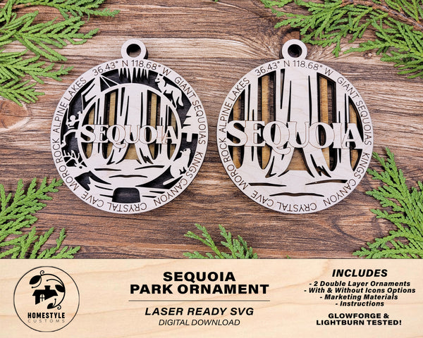 Sequoia Park Ornament - Includes 2 Ornaments - Laser Design SVG, PDF, AI File Download - Tested On Glowforge and LightBurn