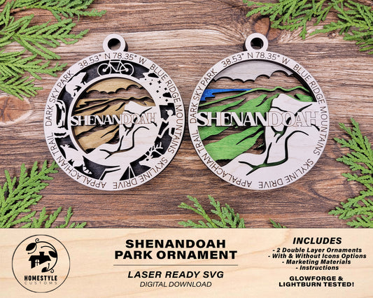 Shenandoah Park Ornament - Includes 2 Ornaments - Laser Design SVG, PDF, AI File Download - Tested On Glowforge and LightBurn