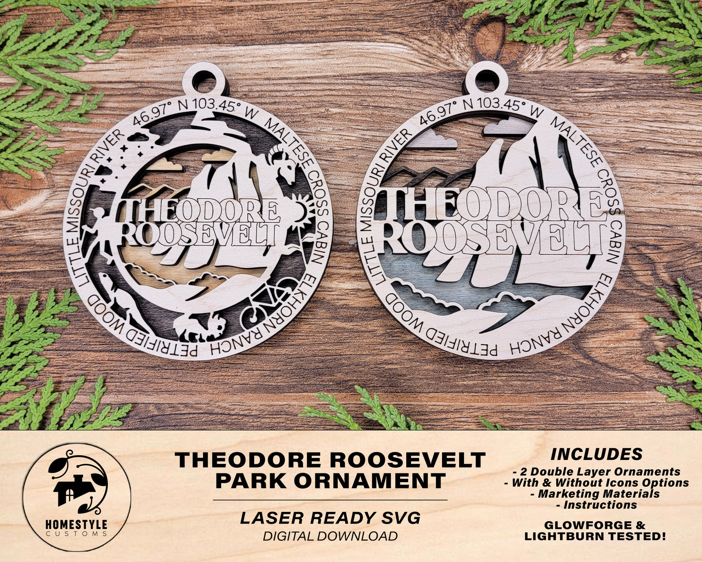Theodore Roosevelt Park Ornament - Includes 2 Ornaments - Laser Design SVG, PDF, AI File Download - Tested On Glowforge and LightBurn