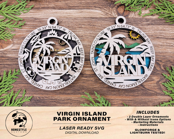 Virgin Island Park Ornament - Includes 2 Ornaments - Laser Design SVG, PDF, AI File Download - Tested On Glowforge and LightBurn