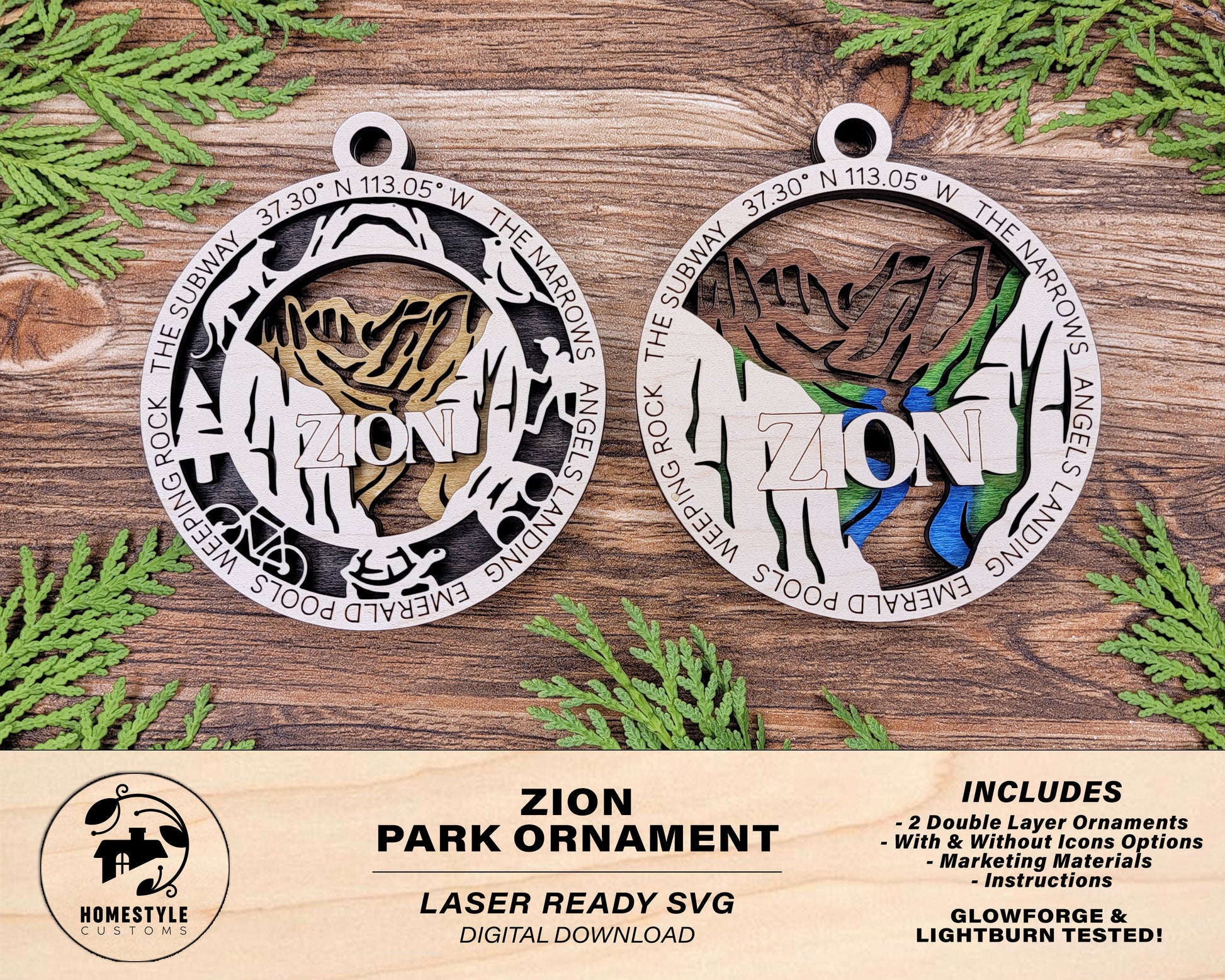 Zion Park Ornament - Includes 2 Ornaments - Laser Design SVG, PDF, AI File Download - Tested On Glowforge and LightBurn