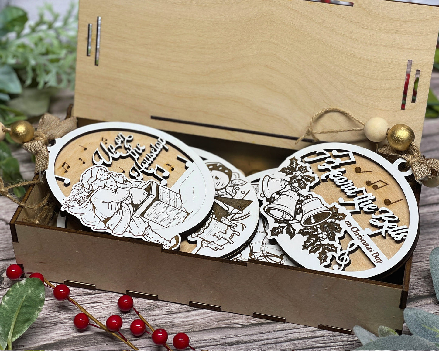 The Classic Christmas Carol Ornaments - Includes 8 Unique Designs and 2 Box Designs - Tested on Glowforge & Lightburn