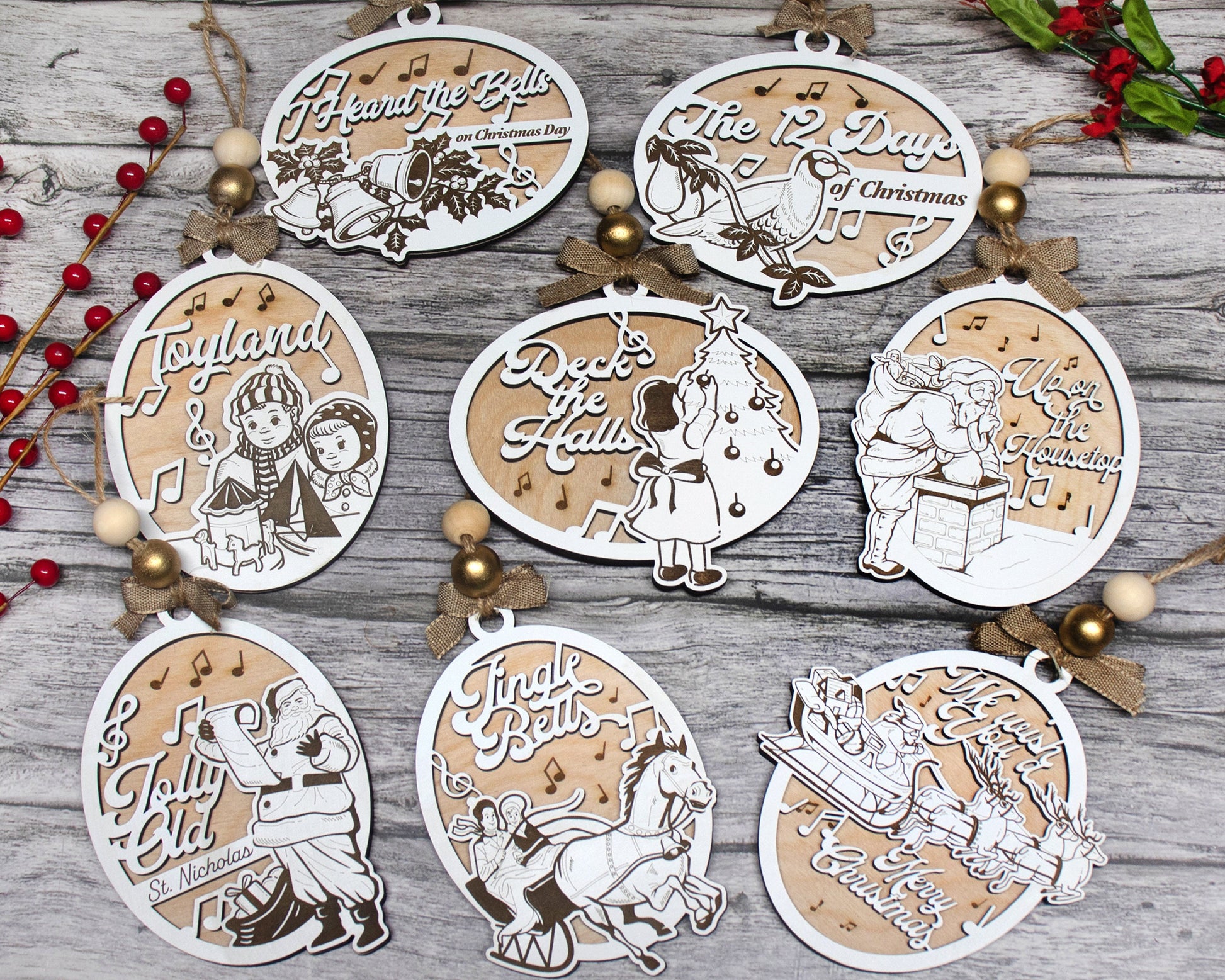 The Classic Christmas Carol Ornaments - Includes 8 Unique Designs and 2 Box Designs - Tested on Glowforge & Lightburn