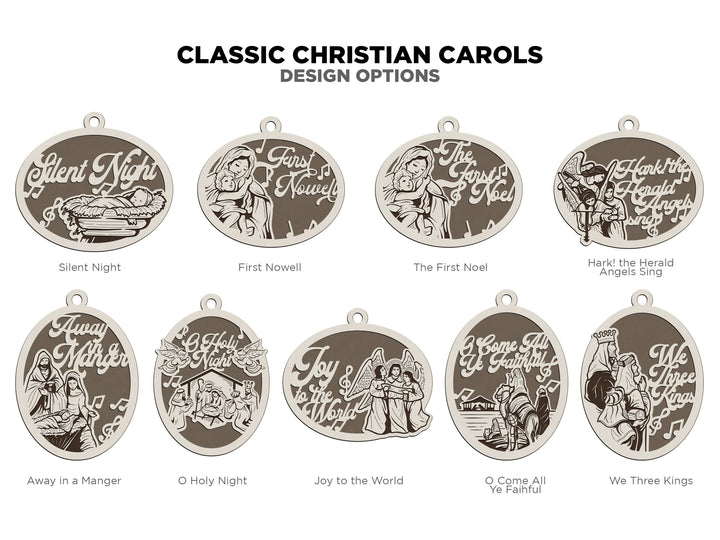 The Classic Christian Carol Ornaments - Includes 8 Unique Designs and 2 Box Designs - Tested on Glowforge & Lightburn