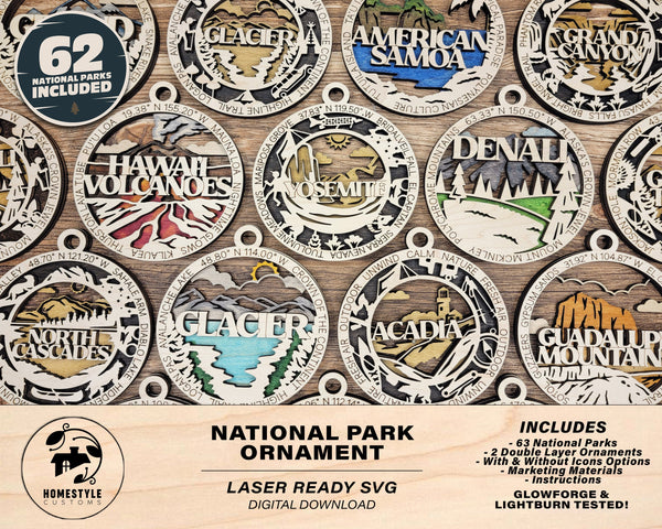 National Park Ornaments - 62 park ornaments - 2 ornament designs per Park - SVG, PDF, AI File Download - Tested On Glowforge and LightBurn