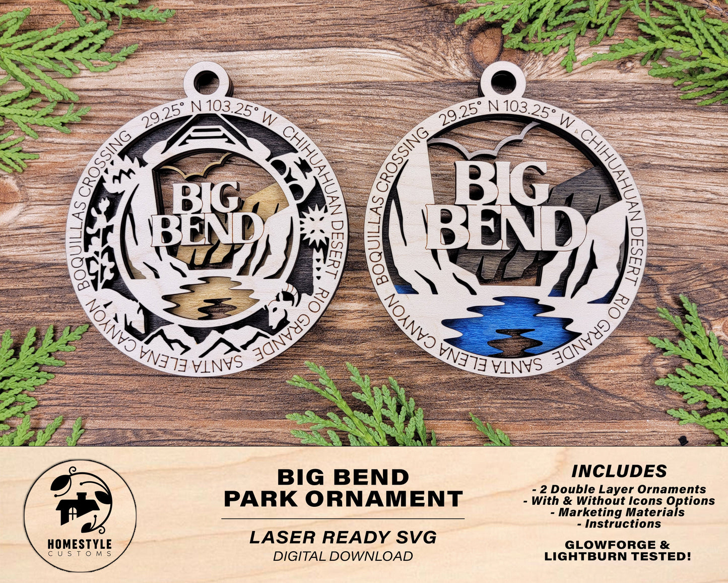 Big Bend Park Ornament - Includes 2 Ornaments - Laser Design SVG, PDF, AI File Download - Tested On Glowforge and LightBurn