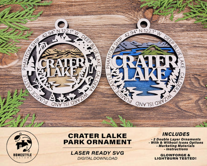 Crater Lake Park Ornament - Includes 2 Ornaments - Laser Design SVG, PDF, AI File Download - Tested On Glowforge and LightBurn