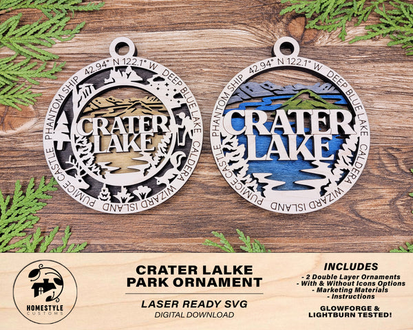 Crater Lake Park Ornament - Includes 2 Ornaments - Laser Design SVG, PDF, AI File Download - Tested On Glowforge and LightBurn