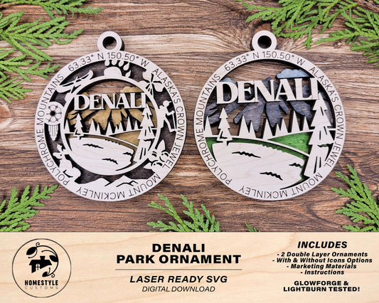 Denali Park Ornament - Includes 2 Ornaments - Laser Design SVG, PDF, AI File Download - Tested On Glowforge and LightBurn