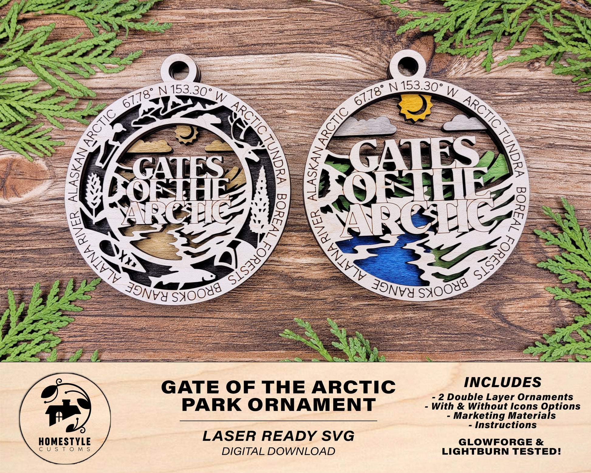 Gates of the Arctic Park Ornament - Includes 2 Ornaments - Laser Design SVG, PDF, AI File Download - Tested On Glowforge and LightBurn
