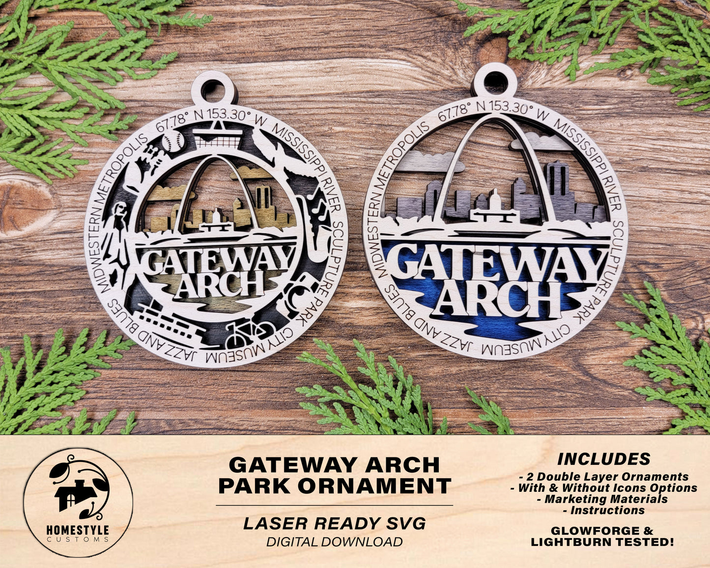 Gateway Arch Park Ornament - Includes 2 Ornaments - Laser Design SVG, PDF, AI File Download - Tested On Glowforge and LightBurn