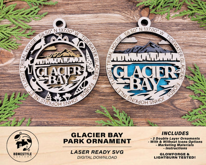 Glacier Bay Park Ornament - Includes 2 Ornaments - Laser Design SVG, PDF, AI File Download - Tested On Glowforge and LightBurn