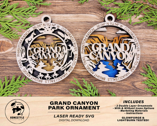 Grand Canyon Park Ornament - Includes 2 Ornaments - Laser Design SVG, PDF, AI File Download - Tested On Glowforge and LightBurn
