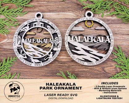 Haleakala Park Ornament - Includes 2 Ornaments - Laser Design SVG, PDF, AI File Download - Tested On Glowforge and LightBurn
