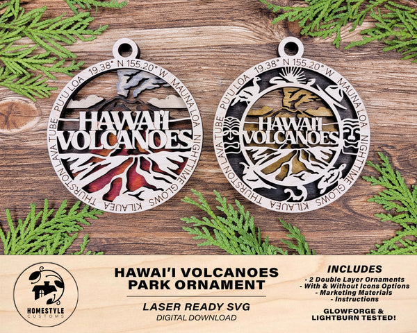 Hawaii Volcanoes Park Ornament - Includes 2 Ornaments - Laser Design SVG, PDF, AI File Download - Tested On Glowforge and LightBurn