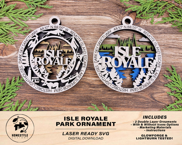 Isle Royale Park Ornament - Includes 2 Ornaments - Laser Design SVG, PDF, AI File Download - Tested On Glowforge and LightBurn
