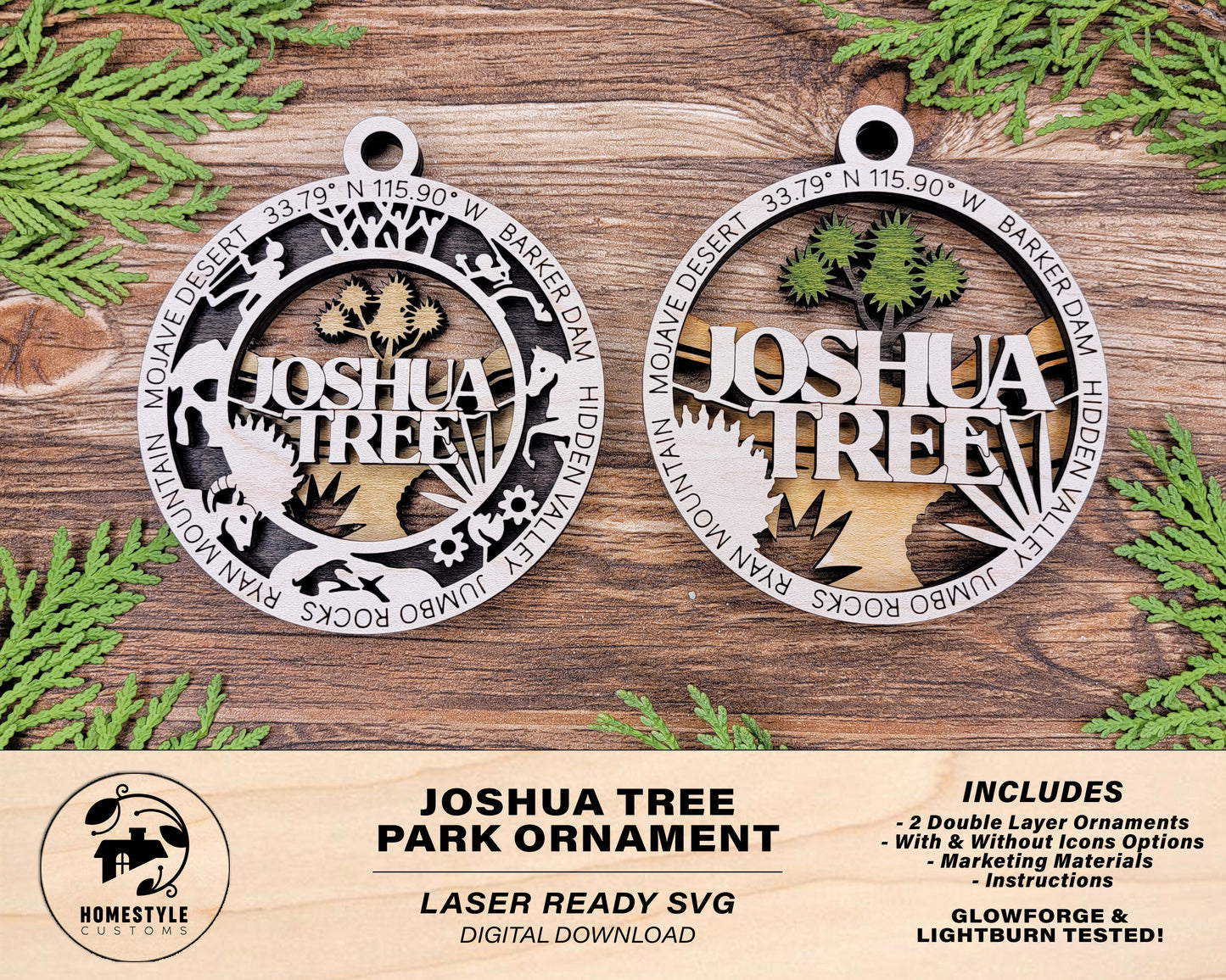 Joshua Tree Park Ornament - Includes 2 Ornaments - Laser Design SVG, PDF, AI File Download - Tested On Glowforge and LightBurn
