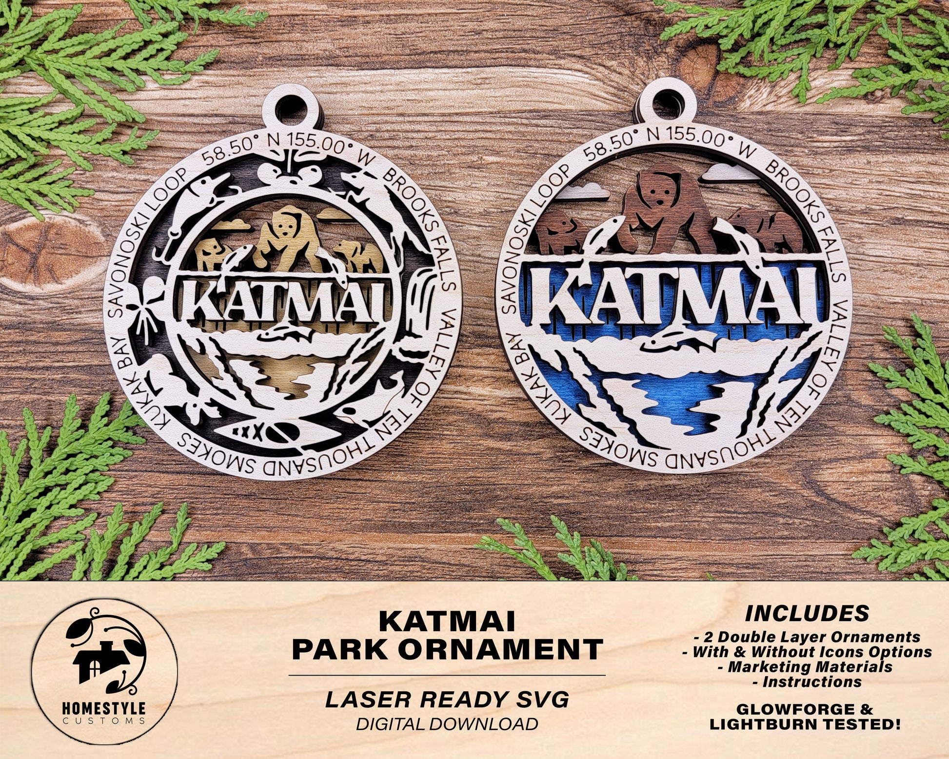 Katmai Park Ornament - Includes 2 Ornaments - Laser Design SVG, PDF, AI File Download - Tested On Glowforge and LightBurn