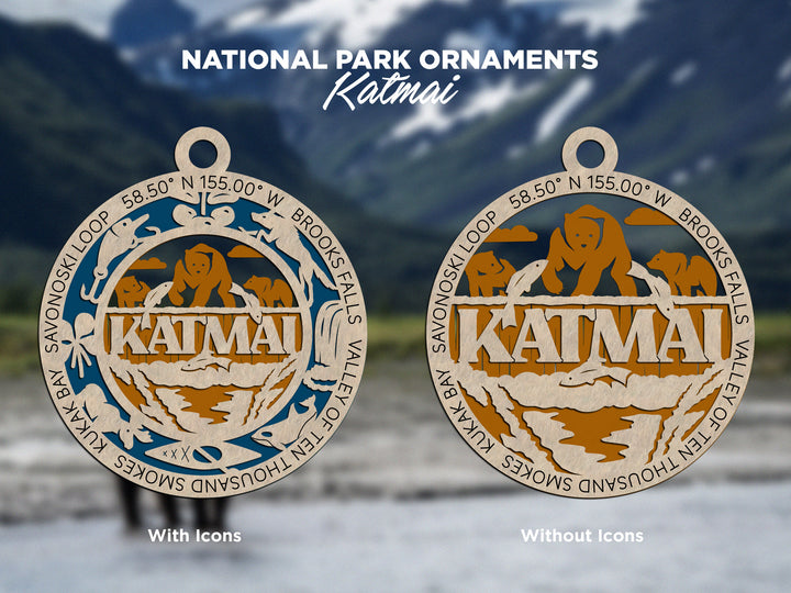 Katmai Park Ornament - Includes 2 Ornaments - Laser Design SVG, PDF, AI File Download - Tested On Glowforge and LightBurn