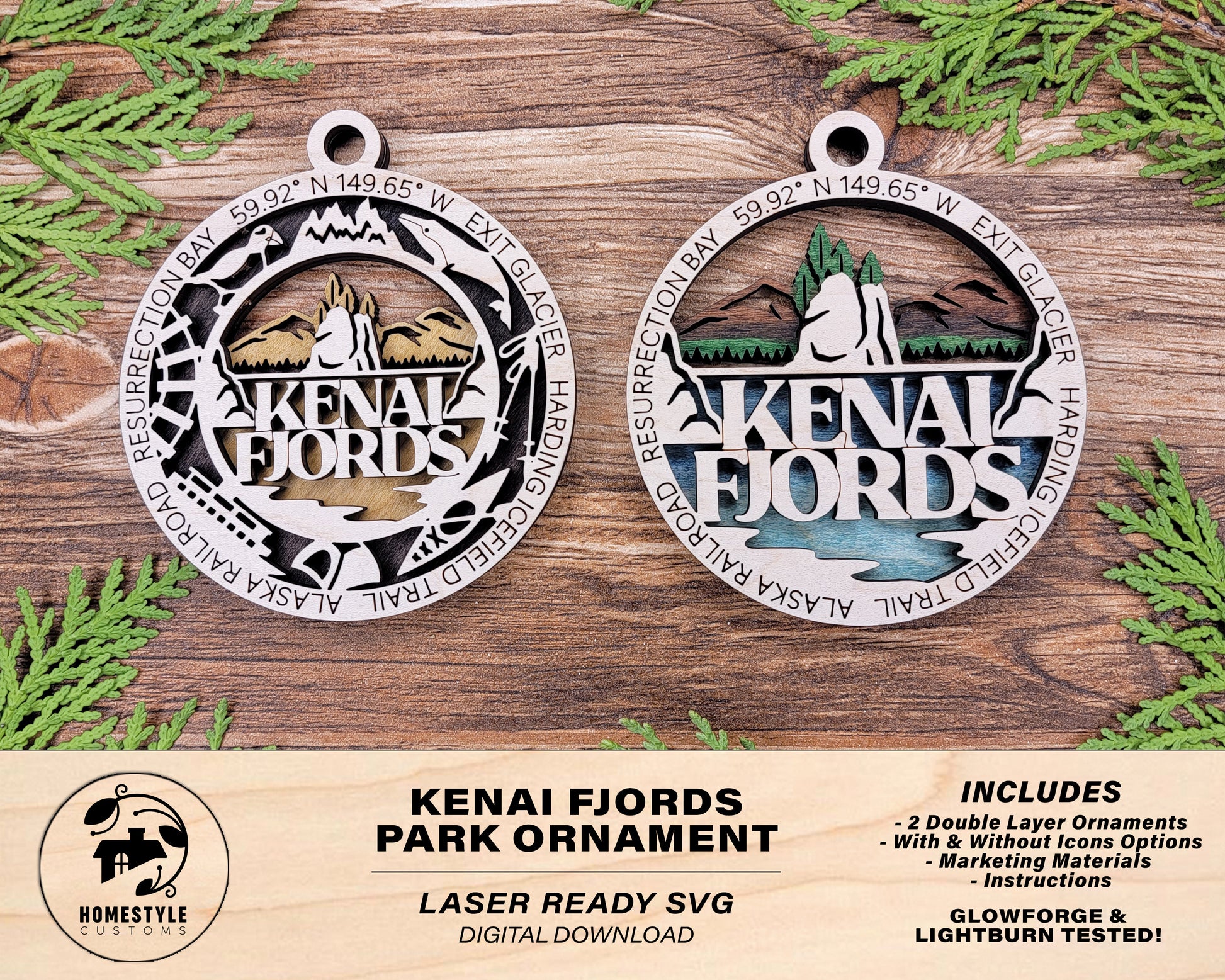 Kenai Fjords Park Ornament - Includes 2 Ornaments - Laser Design SVG, PDF, AI File Download - Tested On Glowforge and LightBurn