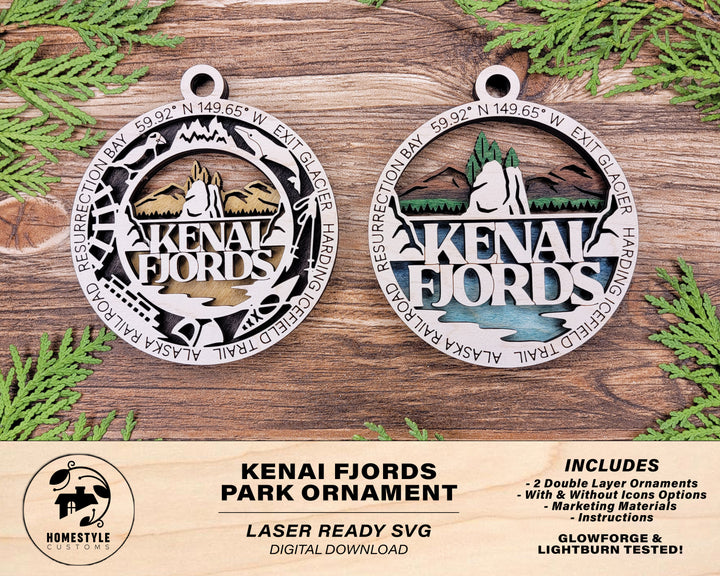 Kenai Fjords Park Ornament - Includes 2 Ornaments - Laser Design SVG, PDF, AI File Download - Tested On Glowforge and LightBurn