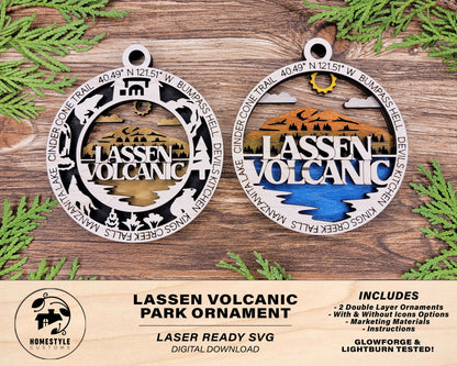 Lassen Volcanic Park Ornament - Includes 2 Ornaments - Laser Design SVG, PDF, AI File Download - Tested On Glowforge and LightBurn