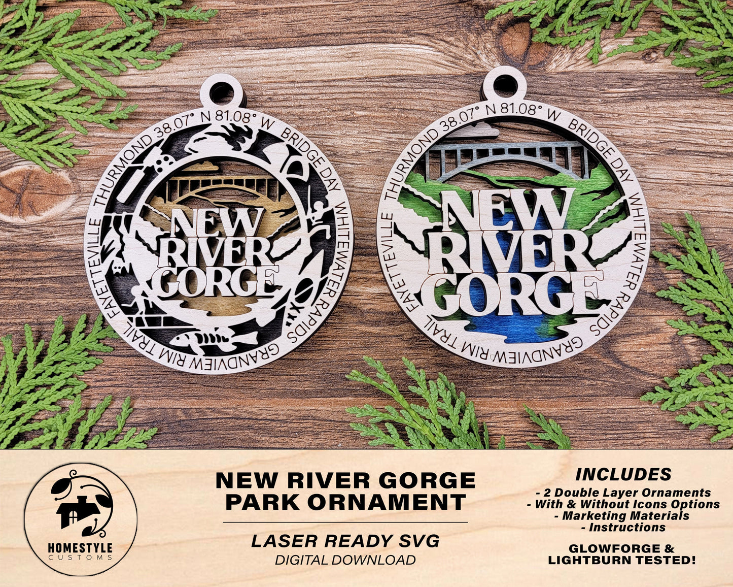 New River George Park Ornament - Includes 2 Ornaments - Laser Design SVG, PDF, AI File Download - Tested On Glowforge and LightBurn