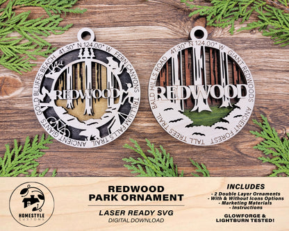 Redwood Park Ornament - Includes 2 Ornaments - Laser Design SVG, PDF, AI File Download - Tested On Glowforge and LightBurn
