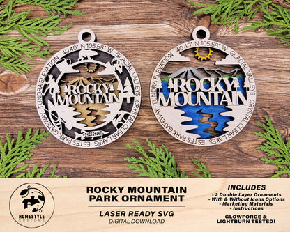 Rocky Mountain Park Ornament - Includes 2 Ornaments - Laser Design SVG, PDF, AI File Download - Tested On Glowforge and LightBurn
