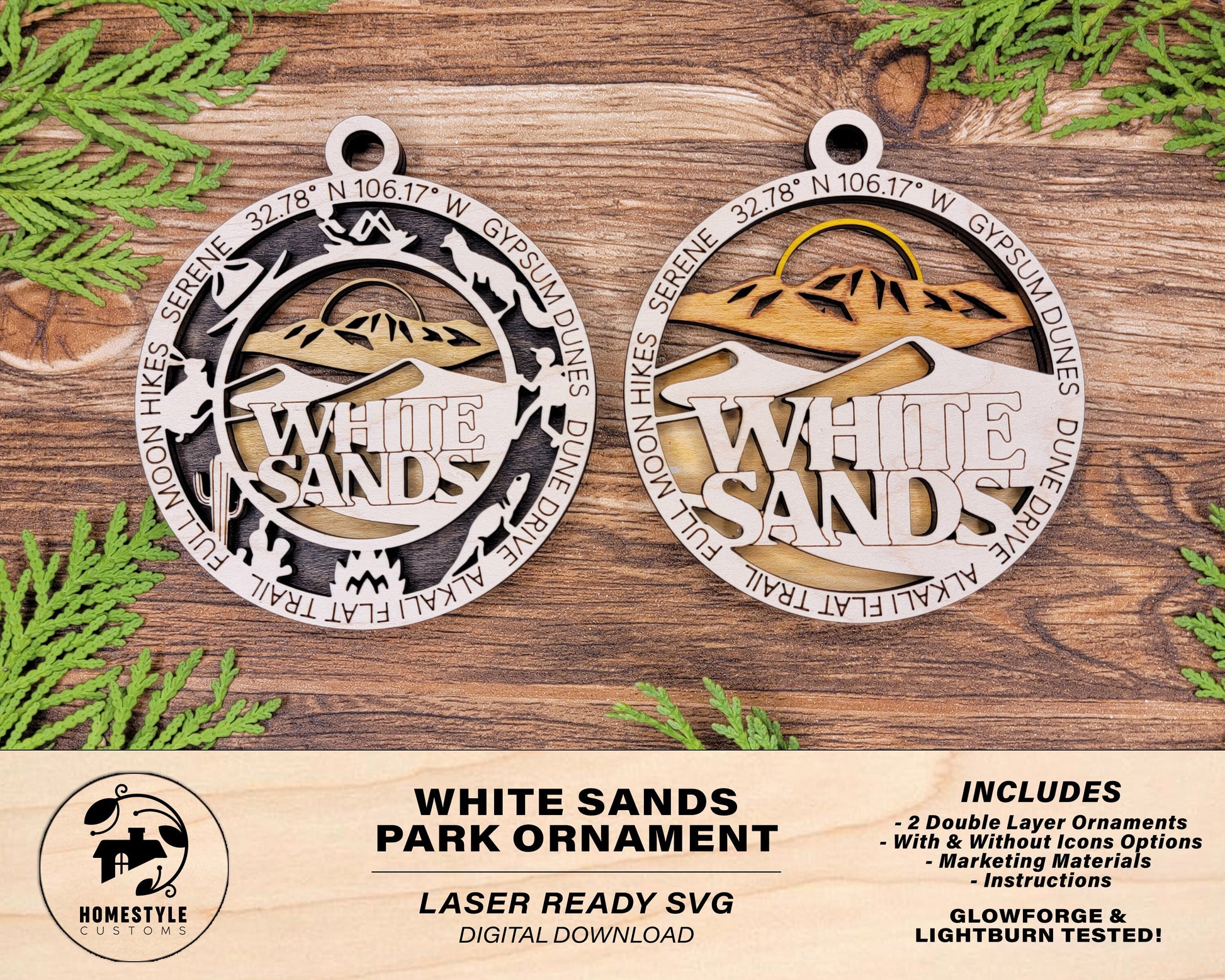 White Sands Park Ornament - Includes 2 Ornaments - Laser Design SVG, PDF, AI File Download - Tested On Glowforge and LightBurn