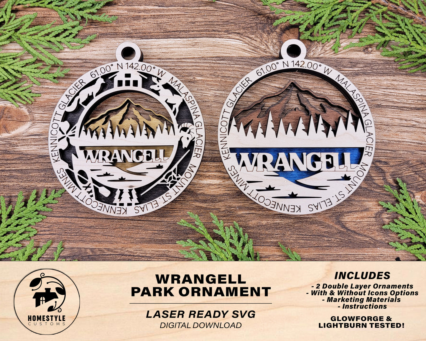 Wrangell Park Ornament - Includes 2 Ornaments - Laser Design SVG, PDF, AI File Download - Tested On Glowforge and LightBurn