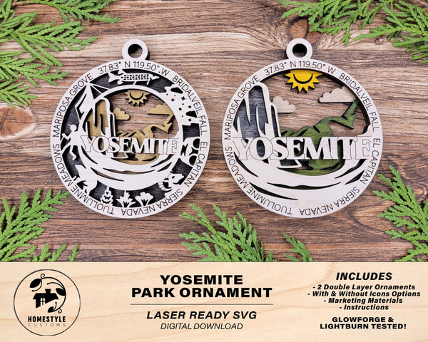 Yosemite Park Ornament - Includes 2 Ornaments - Laser Design SVG, PDF, AI File Download - Tested On Glowforge and LightBurn