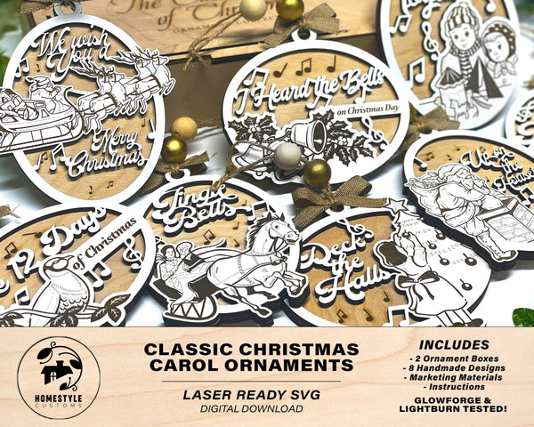 The Classic Christmas Carol Ornaments - Includes 8 Unique Designs and 2 Box Designs - Tested on Glowforge & Lightburn