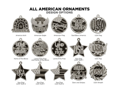 All American Ornaments - 15 Three layer Designs included - SVG, PDF, AI File Download - Glowforge and Lightburn Tested