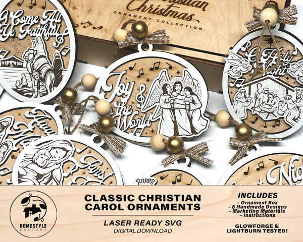 The Classic Christian Carol Ornaments - Includes 8 Unique Designs and 2 Box Designs - Tested on Glowforge & Lightburn