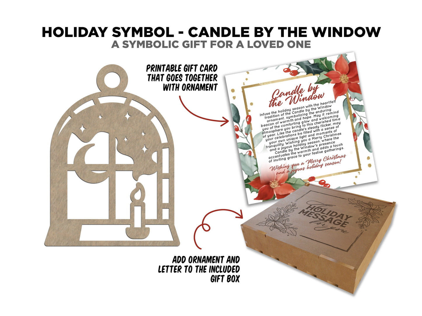 Candle by the Window Holiday Symbol - 1 Symbol Ornament - 2 Prints - 2 Box Designs - SVG, PDF, AI File Download - Glowforge and Lightburn