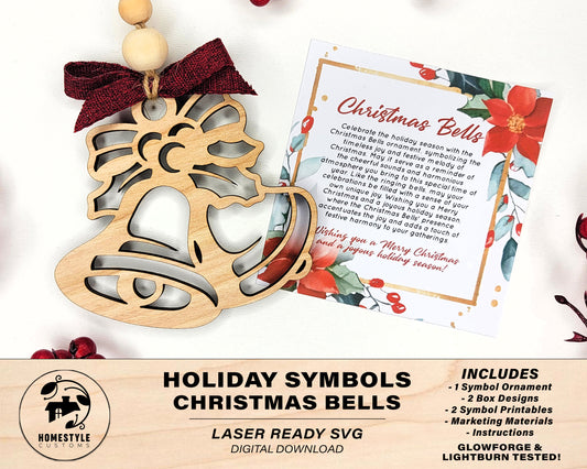 Christmas Bells Holiday Symbol - 1 Symbol Ornament - 2 Prints - 2 Box Designs - SVG, PDF, AI File Download - Glowforge and Lightburn