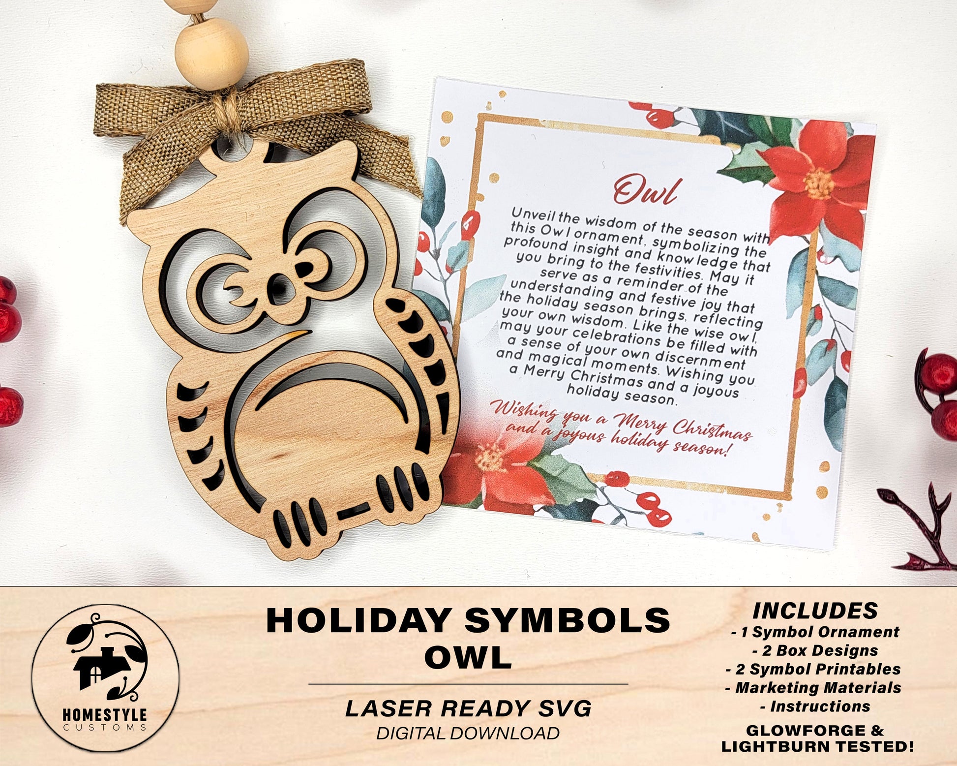 Owl Holiday Symbol - 1 Symbol Ornament - 2 Prints - 2 Box Designs - SVG, PDF, AI File Download - Glowforge and Lightburn