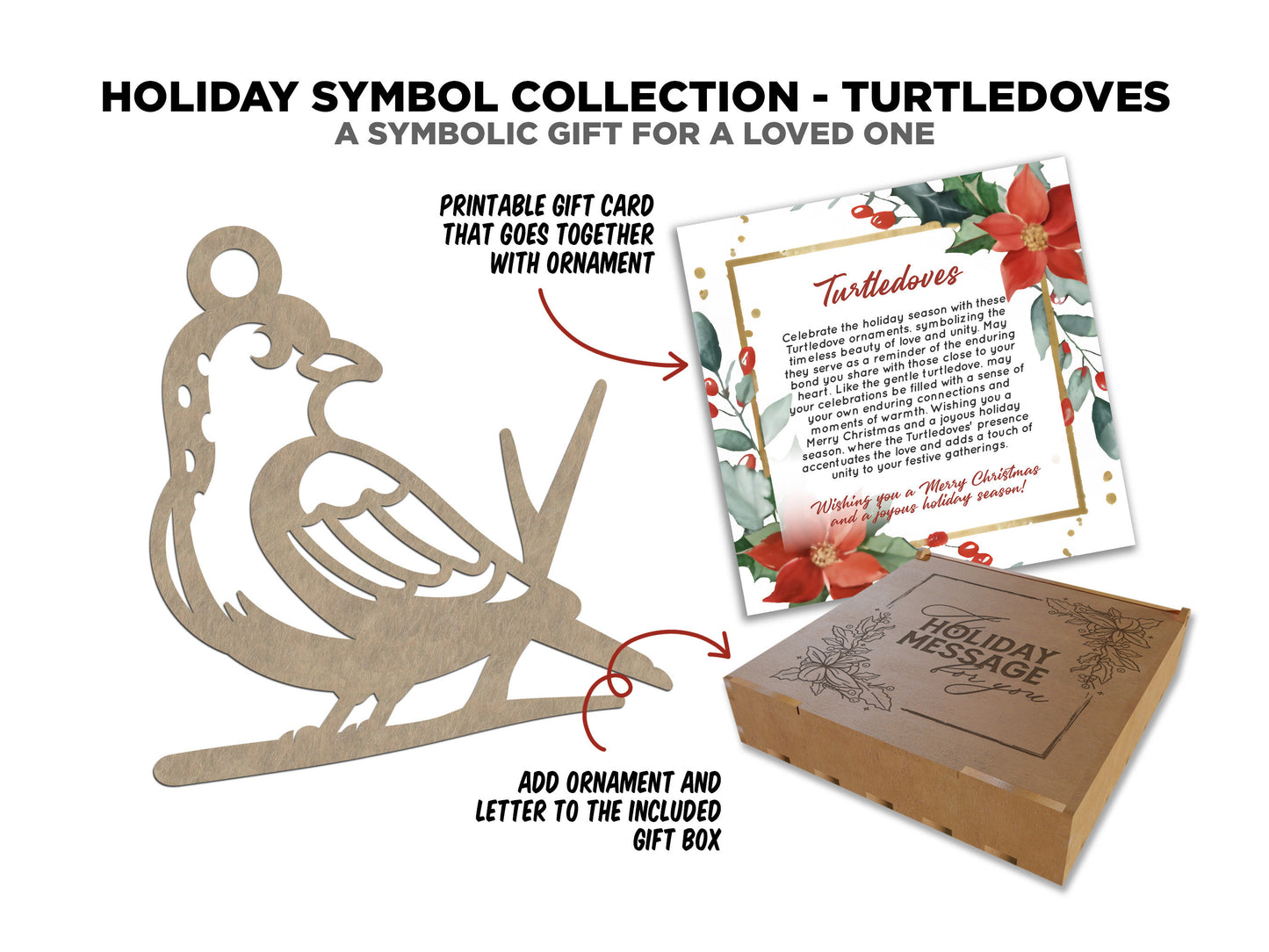 Turtledove Holiday Symbol - 1 Symbol Ornament - 2 Prints - 2 Box Designs - SVG, PDF, AI File Download - Glowforge and Lightburn