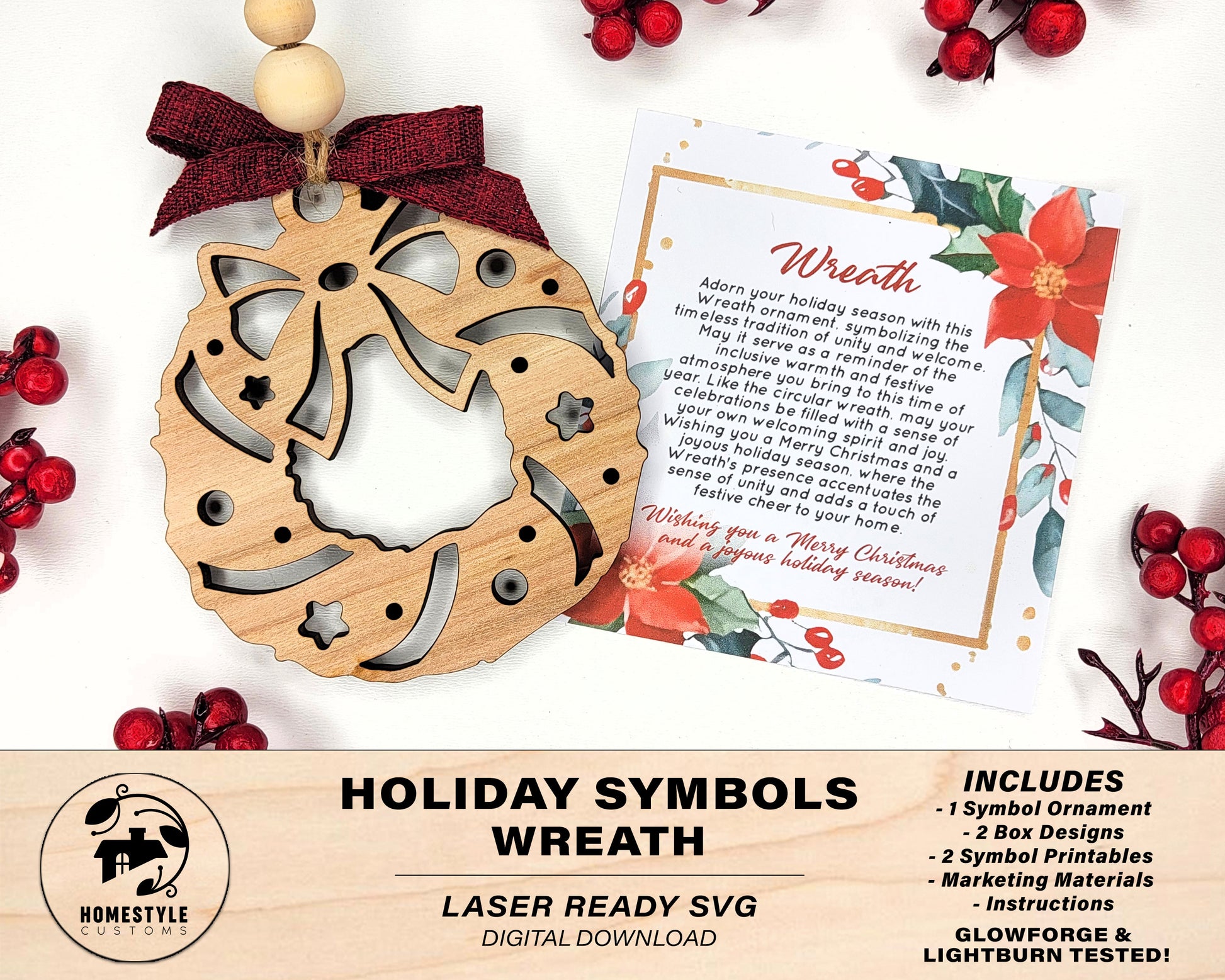 Wreath Holiday Symbol - 1 Symbol Ornament - 2 Prints - 2 Box Designs - SVG, PDF, AI File Download - Glowforge and Lightburn