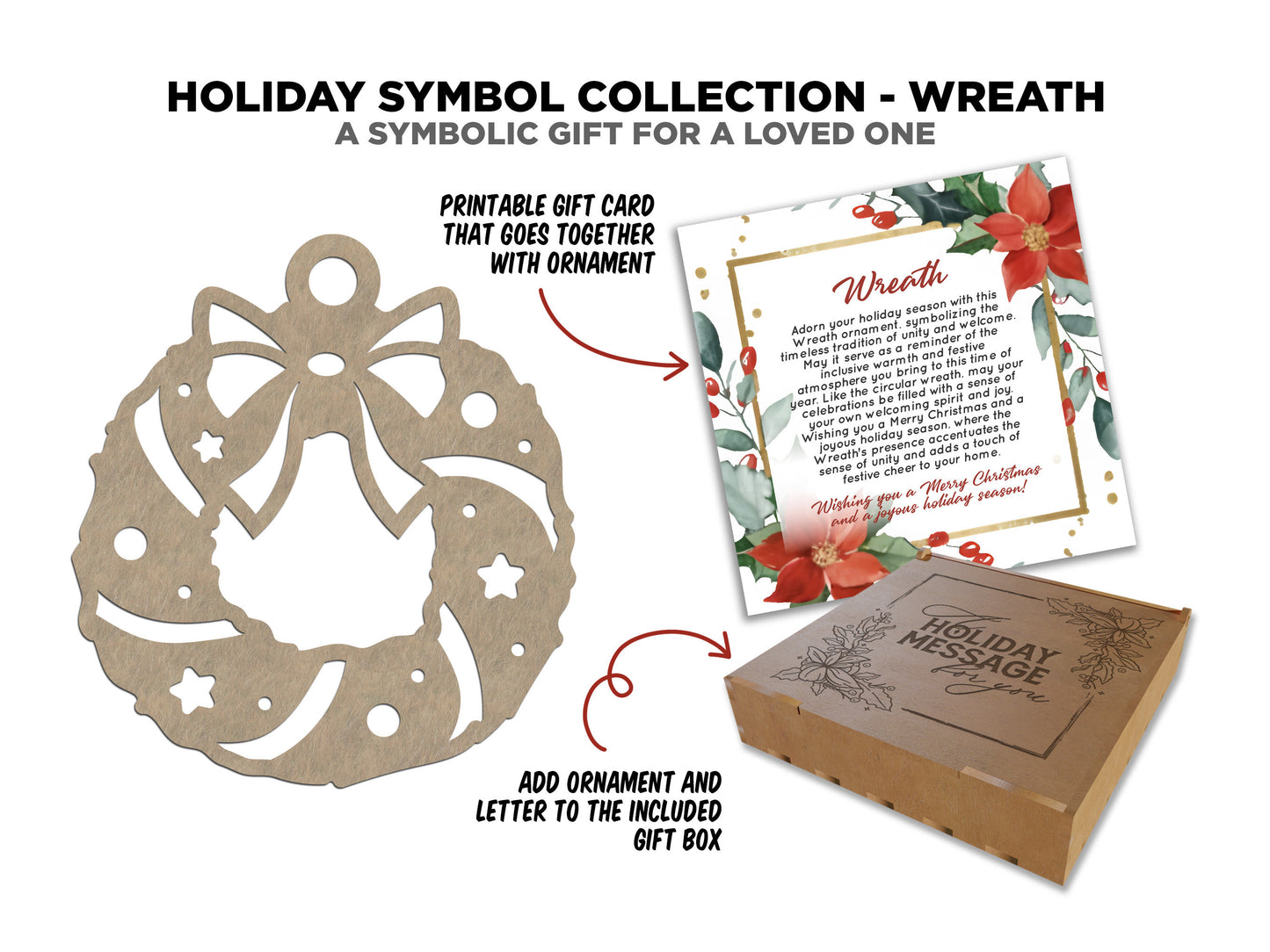 Wreath Holiday Symbol - 1 Symbol Ornament - 2 Prints - 2 Box Designs - SVG, PDF, AI File Download - Glowforge and Lightburn