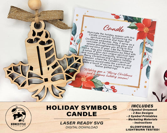 Candle Holiday Symbol - 1 Symbol Ornament - 2 Prints - 2 Box Designs - SVG, PDF, AI File Download - Glowforge and Lightburn Tested