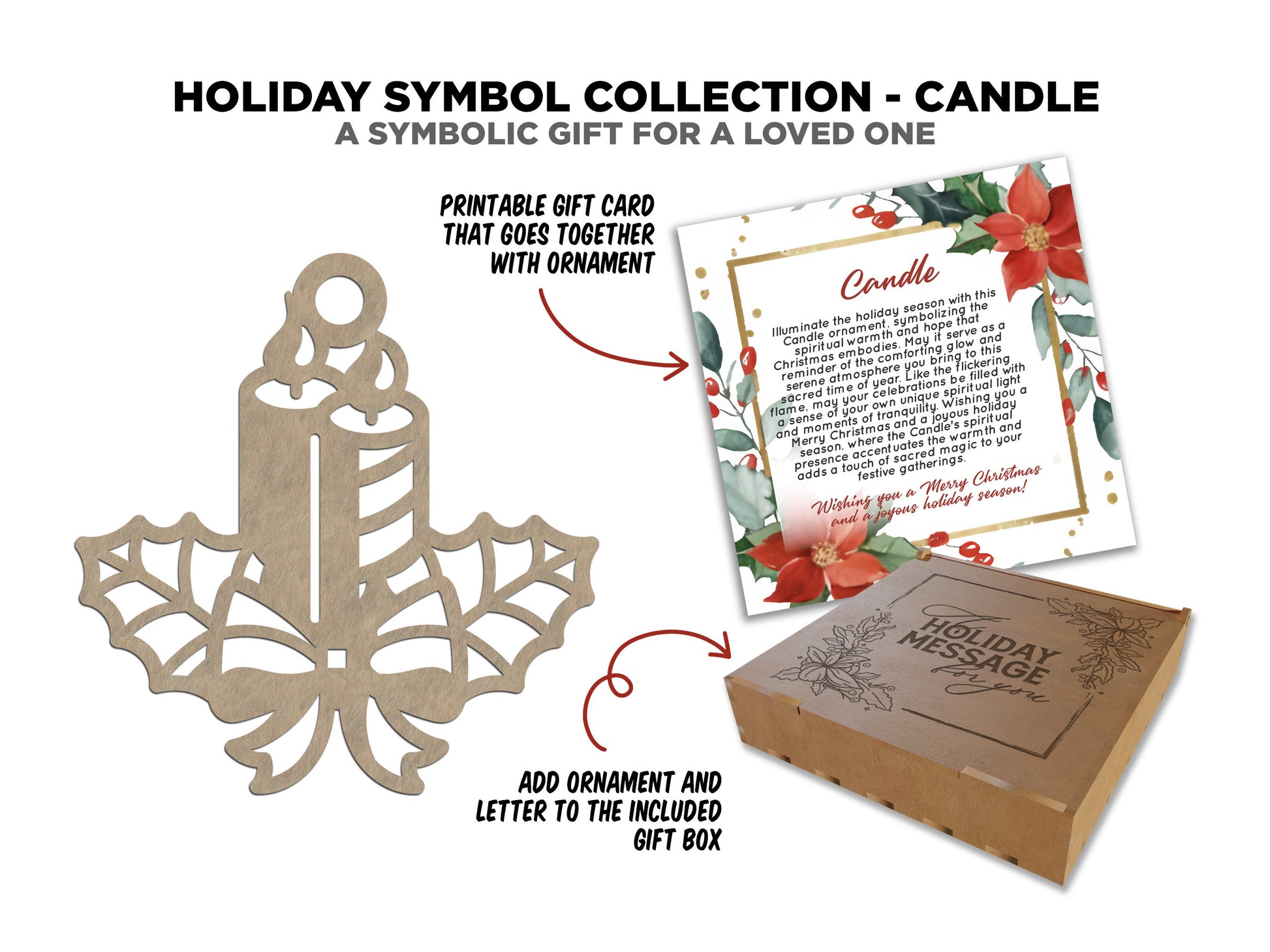 Candle Holiday Symbol - 1 Symbol Ornament - 2 Prints - 2 Box Designs - SVG, PDF, AI File Download - Glowforge and Lightburn Tested