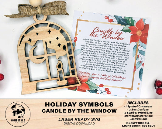 Candle by the Window Holiday Symbol - 1 Symbol Ornament - 2 Prints - 2 Box Designs - SVG, PDF, AI File Download - Glowforge and Lightburn