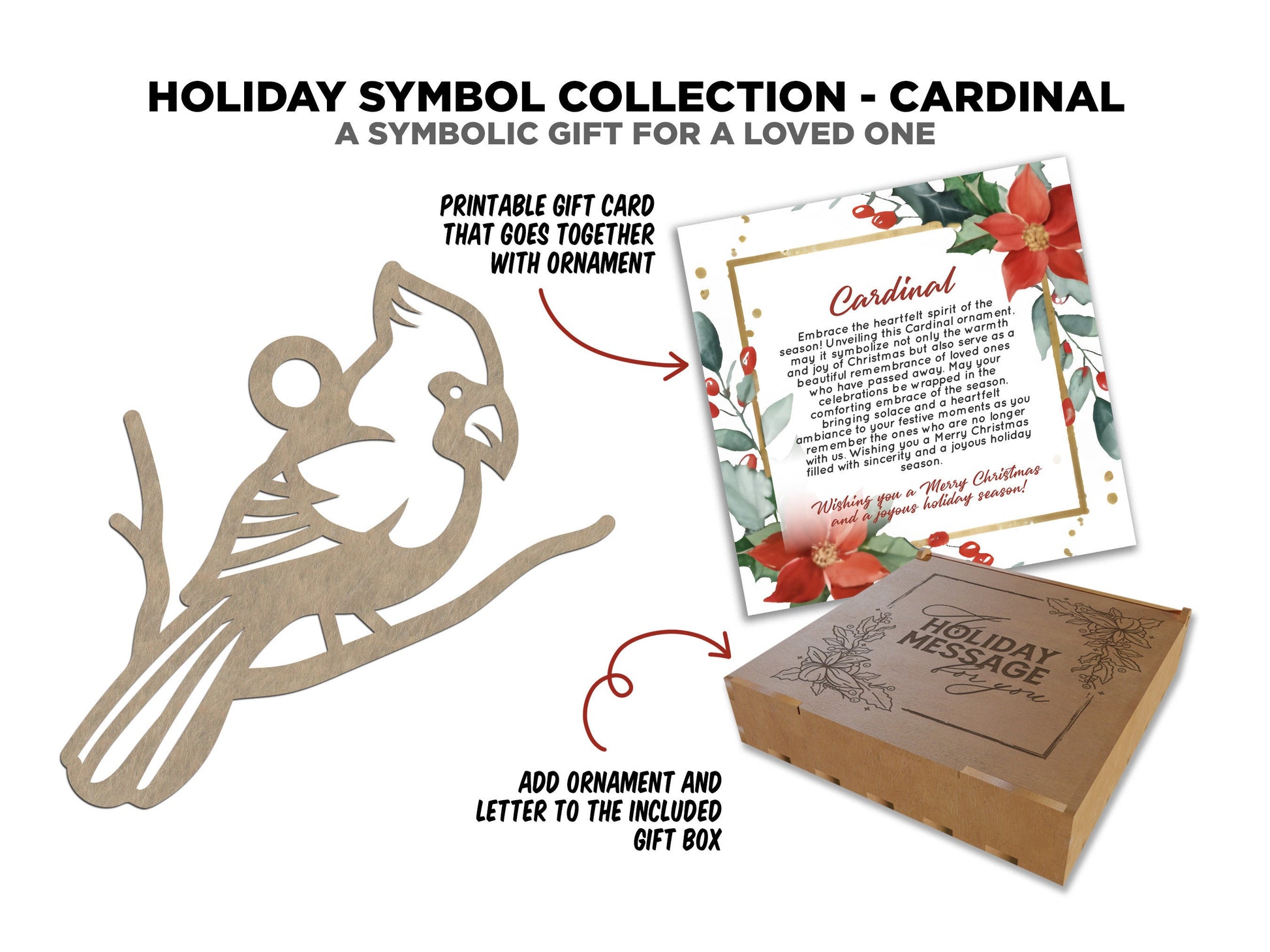 Cardinal Holiday Symbol - 1 Symbol Ornament - 2 Prints - 2 Box Designs - SVG, PDF, AI File Download - Glowforge and Lightburn