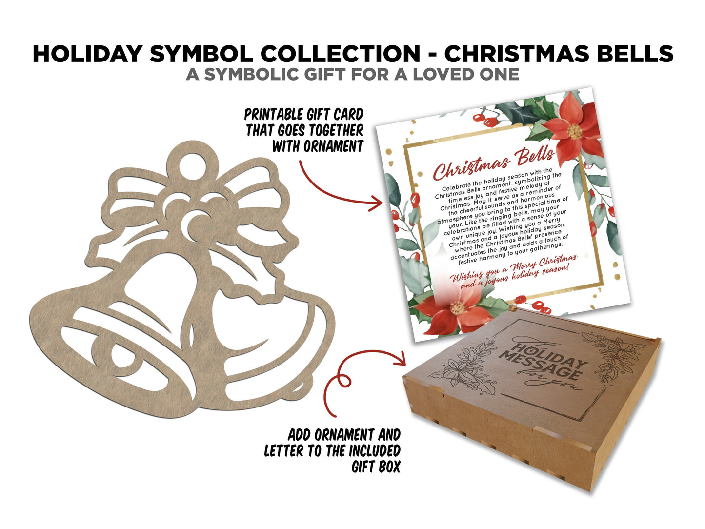 Christmas Bells Holiday Symbol - 1 Symbol Ornament - 2 Prints - 2 Box Designs - SVG, PDF, AI File Download - Glowforge and Lightburn